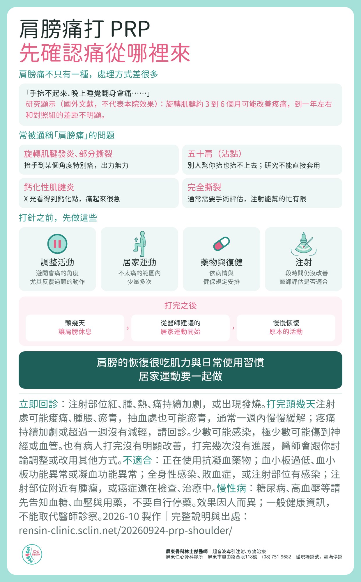 肩膀痛打 PRP 先確認痛從哪裡來：旋轉肌腱的研究（國外文獻，不代表本院效果）顯示約 3 到 6 個月可能改善疼痛，到一年左右和對照組的差距不明顯。肩膀痛分旋轉肌腱發炎或部分撕裂、五十肩、鈣化性肌腱炎、完全撕裂，處理方式不同；五十肩不能直接套用旋轉肌腱的研究，完全撕裂通常需要手術評估。打針之前先調整活動、居家運動、藥物與復健，一段時間仍沒改善再由醫師評估是否適合注射；打完頭幾天讓肩膀休息，再從居家運動慢慢恢復。注射部位紅、腫、熱、痛持續加劇或發燒，請立即回診；疼痛超過一週沒有減輕請回診；少數可能感染，極少數可能傷到神經或血管。正在使用抗凝血藥物、血小板或凝血功能異常、感染、注射部位附近有腫瘤者不適合；慢性病不要自行停藥。