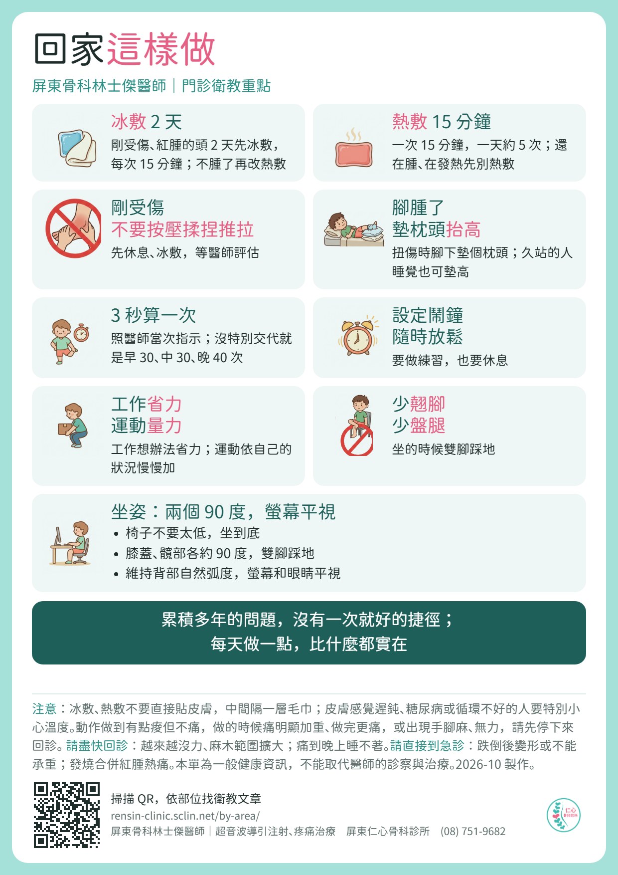 回家這樣做（門診衛教單）：冰敷 2 天，剛受傷紅腫的頭 2 天先冰敷，每次 15 分鐘，不腫了再改熱敷；熱敷一次 15 分鐘，休息 5 到 10 分鐘後可以再敷，一天大約 5 次以上，還在腫、在發熱先別熱敷；剛受傷不要按壓揉捏推拉，先休息、冰敷，等醫師評估；腳腫了墊枕頭抬高，久站的人睡覺也可墊高；動作 3 秒算一次，沒特別交代就是早 30、中 30、晚 40 次；設定鬧鐘隨時放鬆；工作省力，運動量力；少翹腳、少盤腿；坐姿兩個 90 度，螢幕平視。累積多年的問題，沒有一次就好的捷徑，每天做一點，比什麼都實在。注意：冰敷熱敷隔一層毛巾，感覺遲鈍者小心溫度；痛加重或手腳麻、無力先停下回診；跌倒後變形、不能承重，或發燒合併紅腫熱痛，直接到急診。