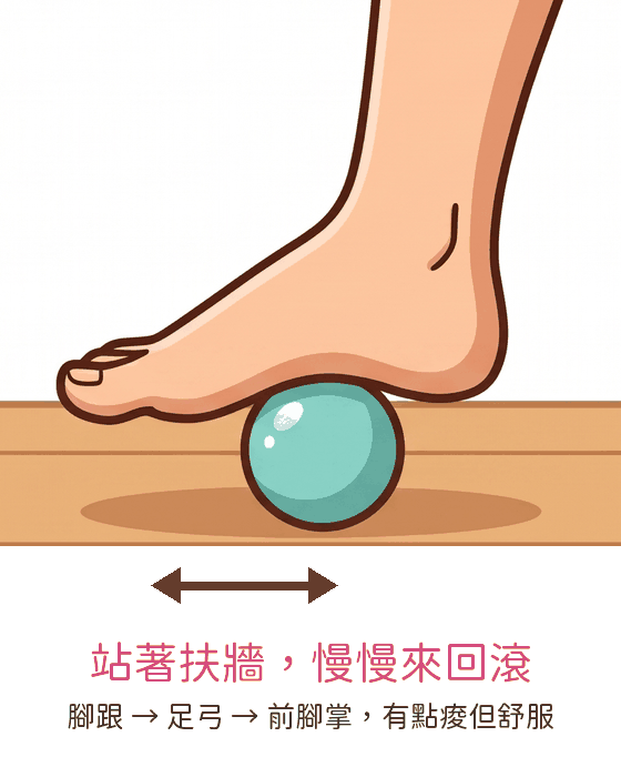 按摩球動畫：腳平踩在光滑的圓球上，下方箭頭前後移動，表示從腳跟、足弓到前腳掌慢慢來回滾，力道有點痠但舒服。