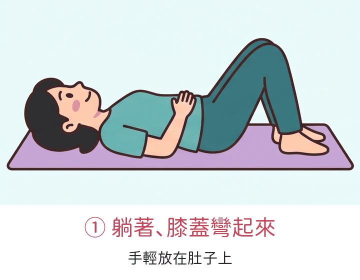 示範動畫：躺著、膝蓋彎起來，手放肚子上，吐氣把肚子往內收、腰輕輕貼地，停 3 秒再放鬆。