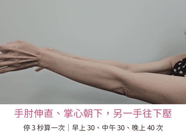 示範影片：手肘伸直、掌心朝下，另一手把手掌往下壓，停 3 秒，早上 30、中午 30、晚上 40 次。