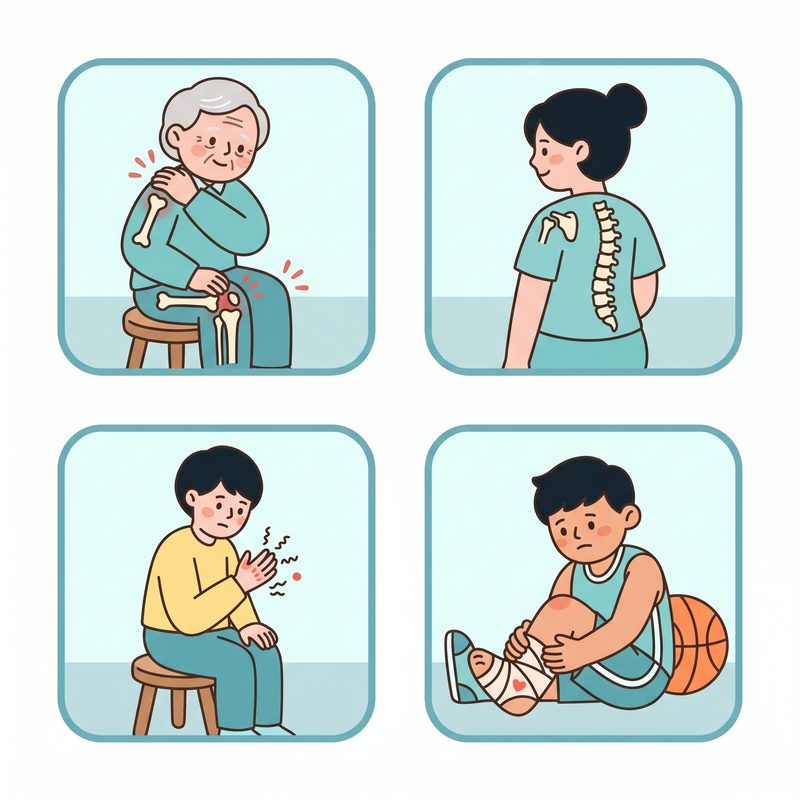 插畫：四格，肩膀與膝蓋痠痛的阿嬤、背上畫出脊椎的人、手麻的人、腳踝受傷的籃球員