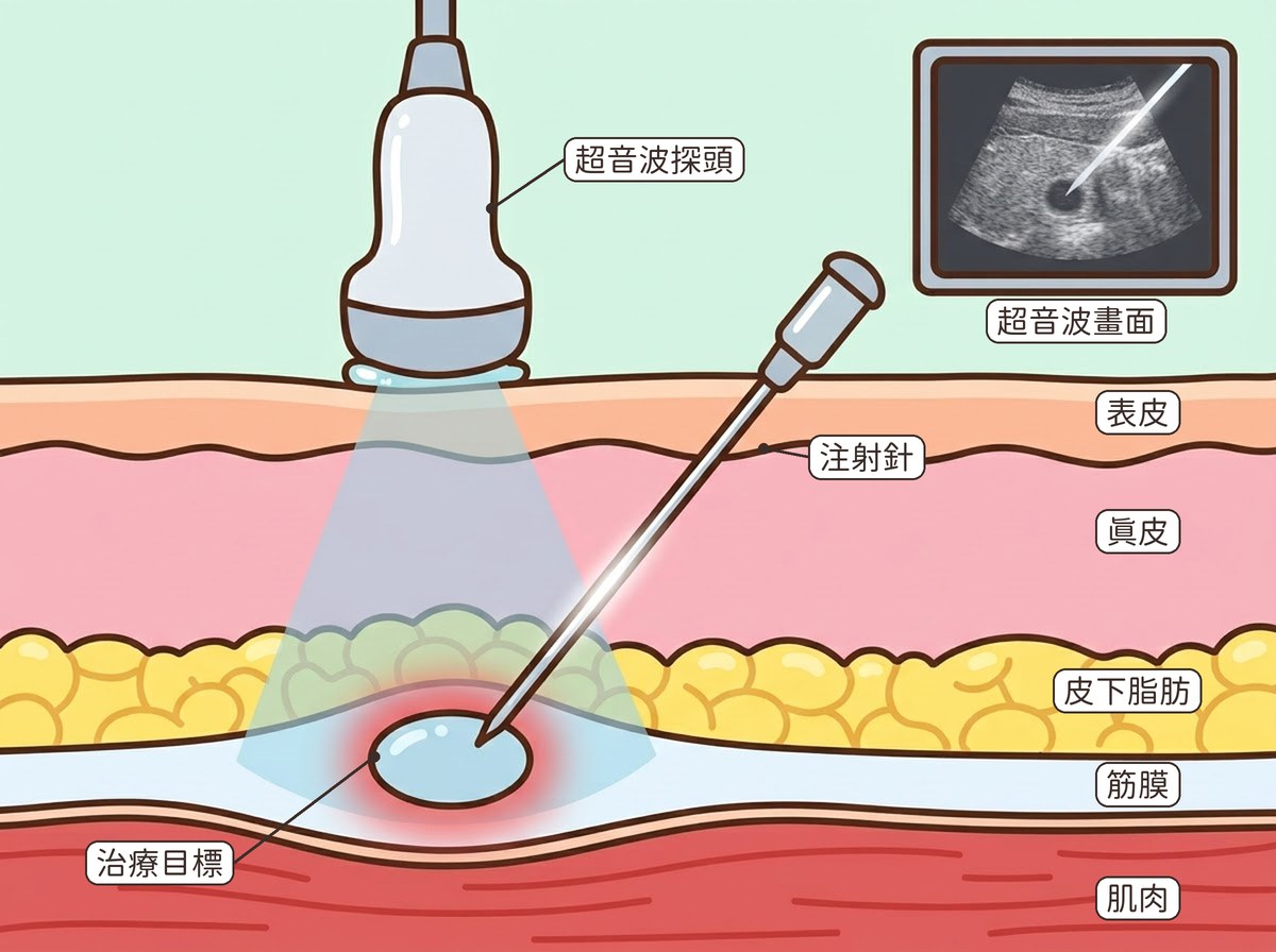 示意圖：皮膚剖面由上到下是表皮、真皮、皮下脂肪、筋膜、肌肉。超音波探頭貼在皮膚上，往下發出扇形的超音波範圍；注射針從旁邊斜斜進入，針身在超音波範圍內，針尖到達一個以紅色標示的治療目標（位置為示意）。右上角的超音波畫面上，看得到一條白線（針）走到目標。